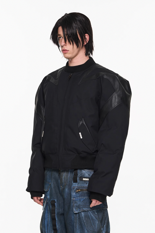 BLIND NO PLAN Mechanical Patchwork Lambs Leg Sleeve Bomber Jacket