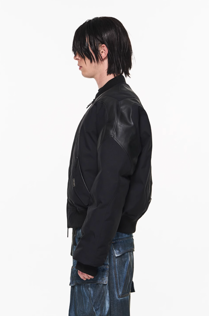 BLIND NO PLAN Mechanical Patchwork Lambs Leg Sleeve Bomber Jacket