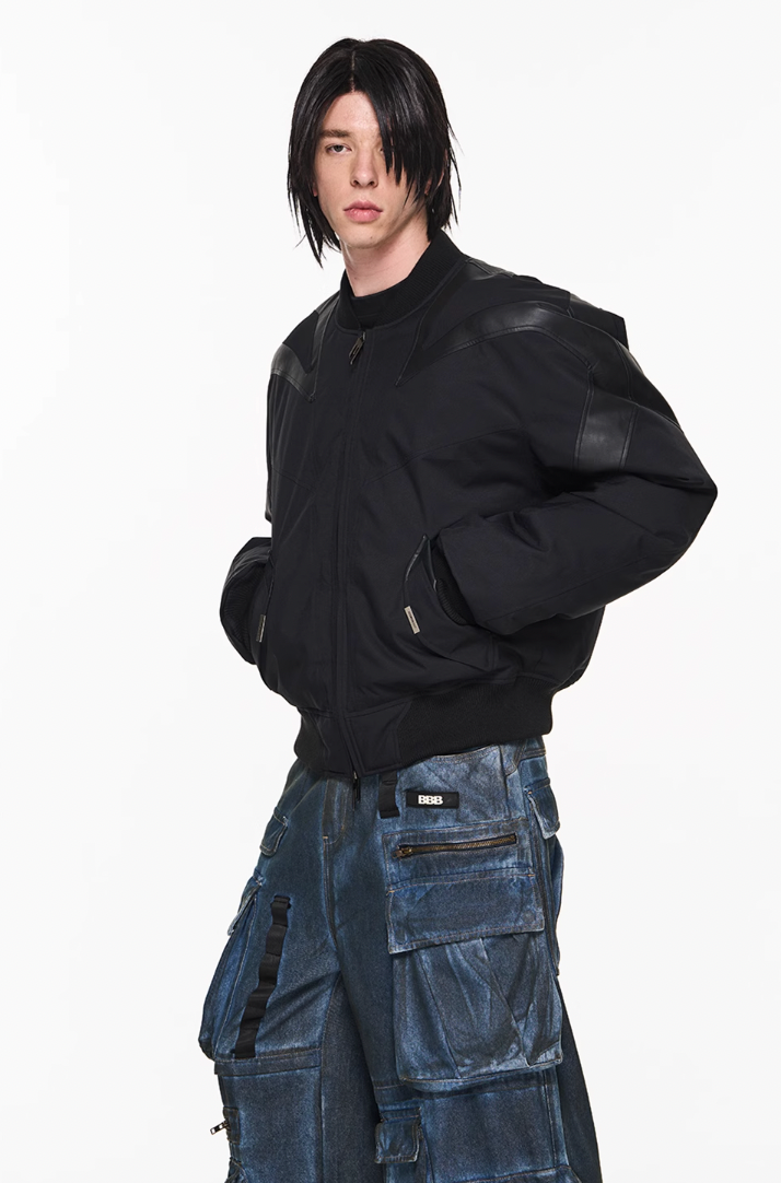 BLIND NO PLAN Mechanical Patchwork Lambs Leg Sleeve Bomber Jacket