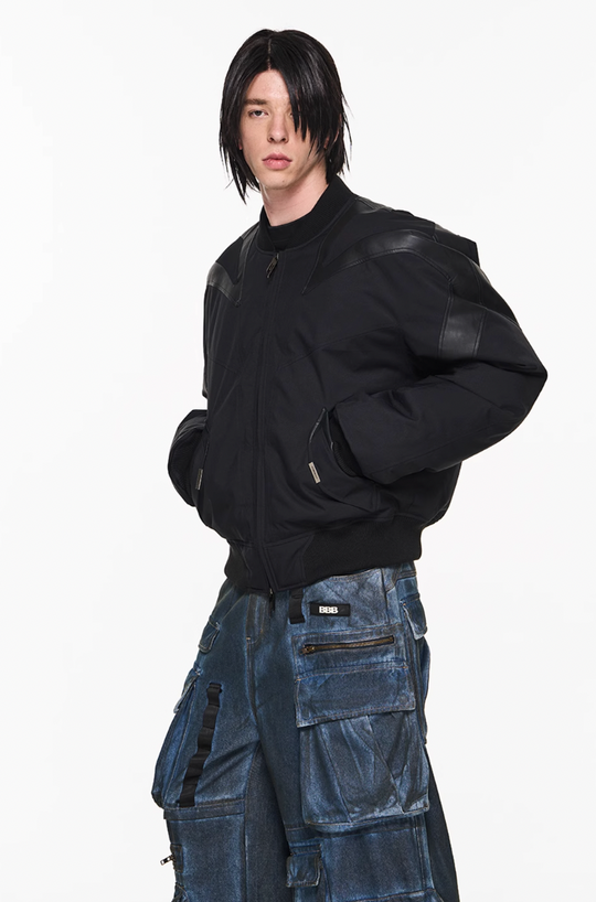 BLIND NO PLAN Mechanical Patchwork Lambs Leg Sleeve Bomber Jacket