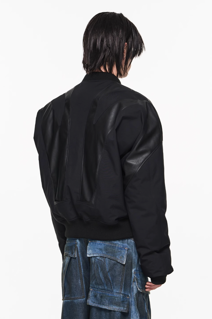 BLIND NO PLAN Mechanical Patchwork Lambs Leg Sleeve Bomber Jacket