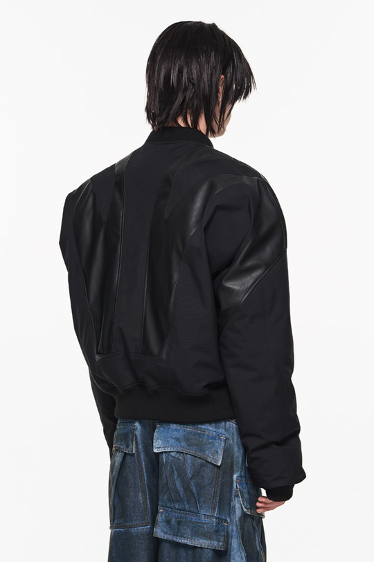 BLIND NO PLAN Mechanical Patchwork Lambs Leg Sleeve Bomber Jacket