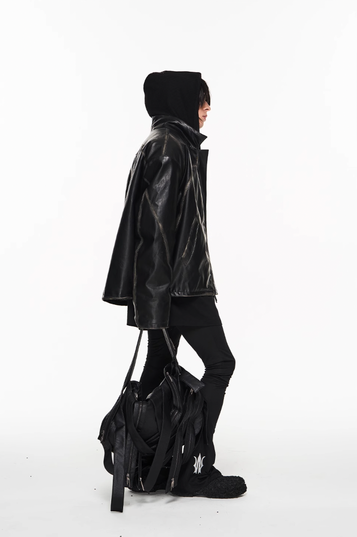 BLIND NO PLAN Distressed Stitching Leather Jacket