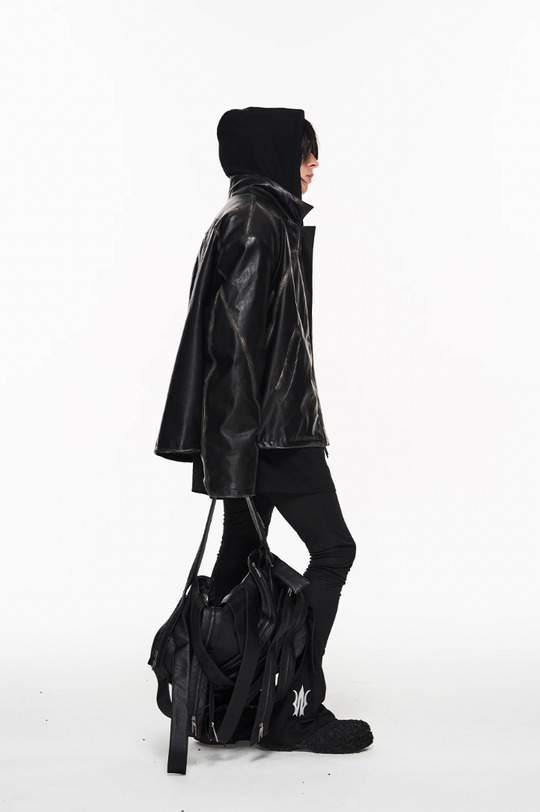 BLIND NO PLAN Distressed Stitching Leather Jacket