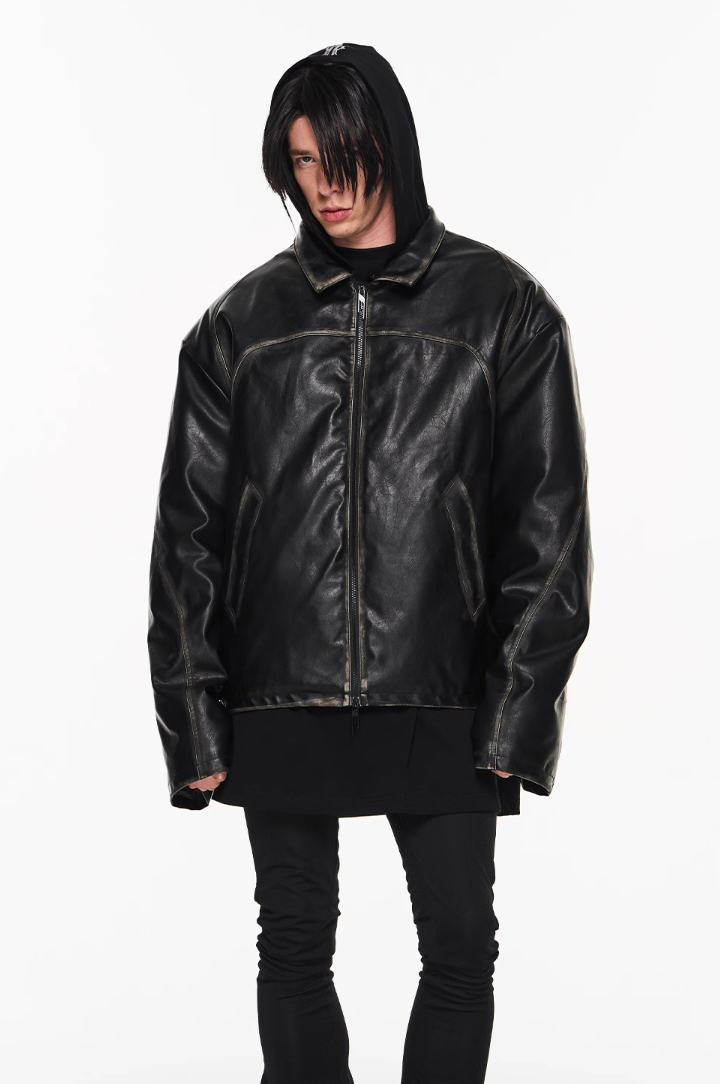 BLIND NO PLAN Distressed Stitching Leather Jacket
