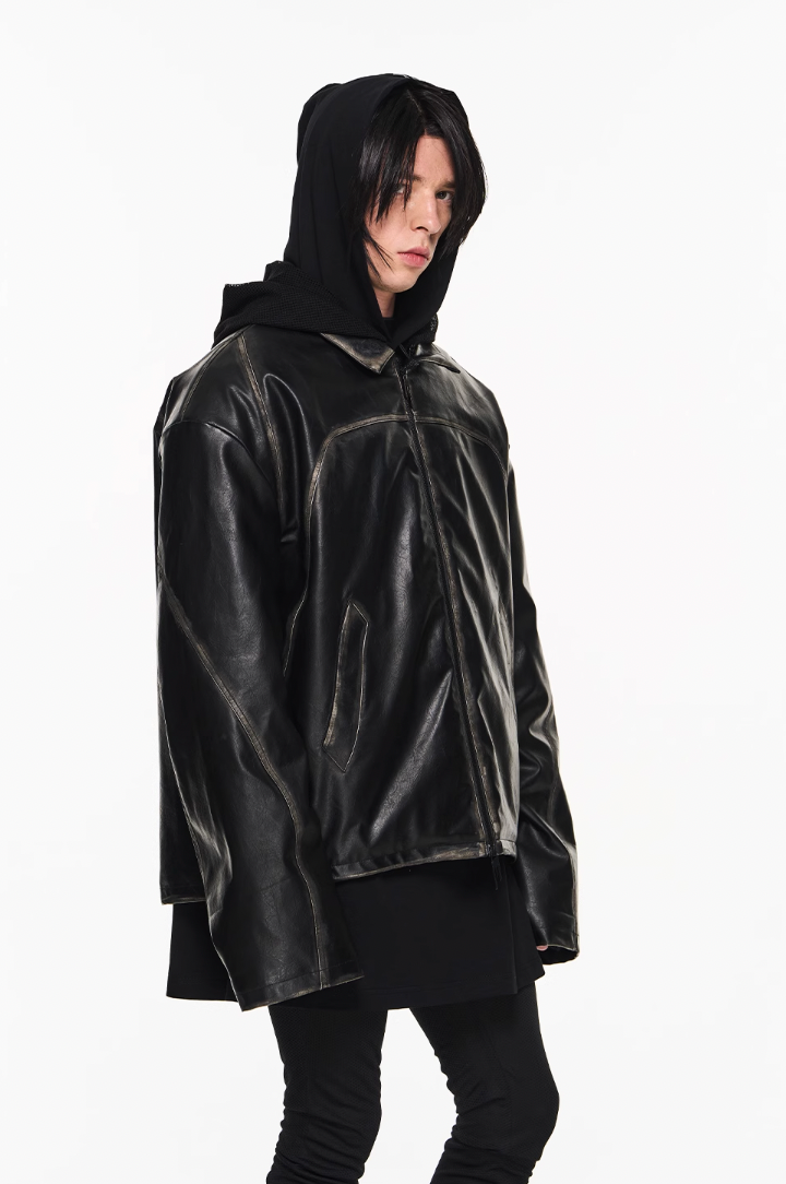 BLIND NO PLAN Distressed Stitching Leather Jacket