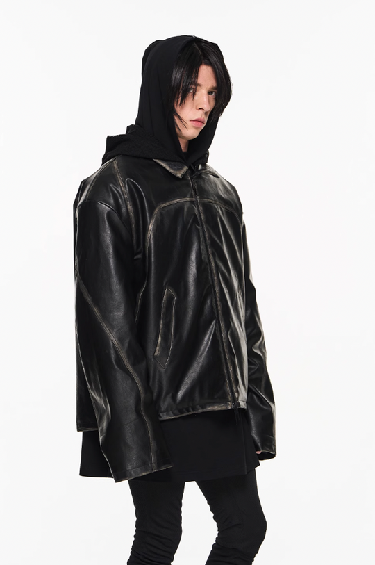 BLIND NO PLAN Distressed Stitching Leather Jacket