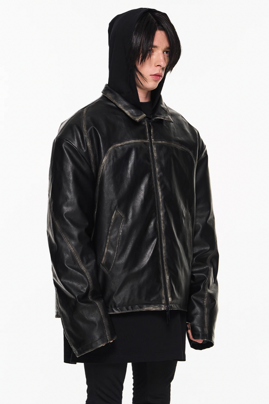 BLIND NO PLAN Distressed Stitching Leather Jacket