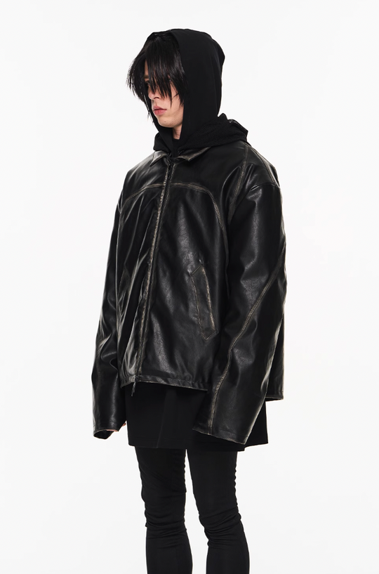 BLIND NO PLAN Distressed Stitching Leather Jacket