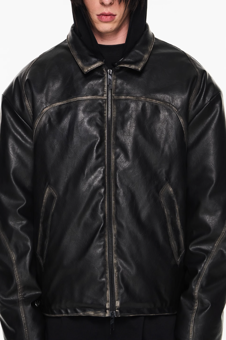 BLIND NO PLAN Distressed Stitching Leather Jacket