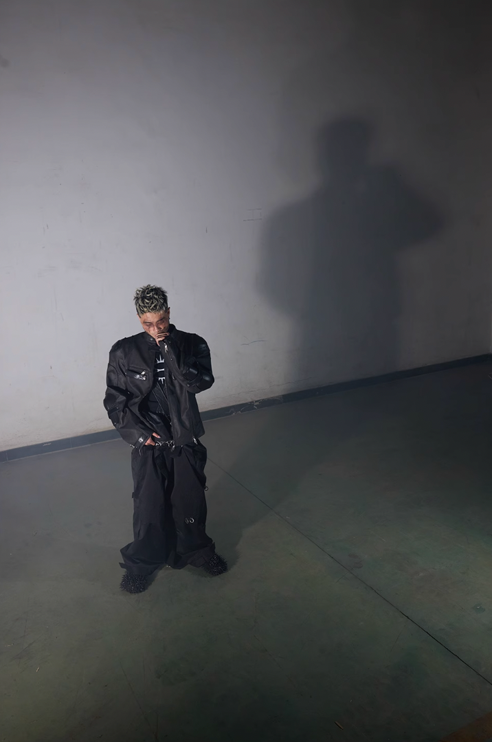 BLIND NO PLAN x BLACK8 Armor Device Patchwork Sterling Stripes Biker Jacket