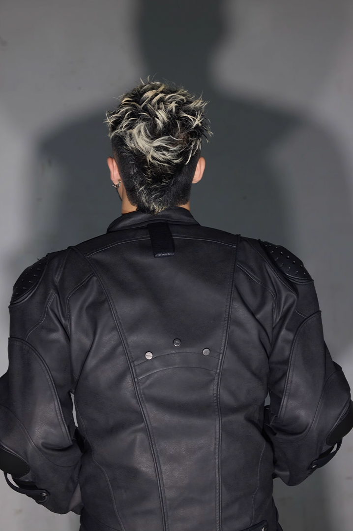 BLIND NO PLAN x BLACK8 Armor Device Patchwork Sterling Stripes Biker Jacket