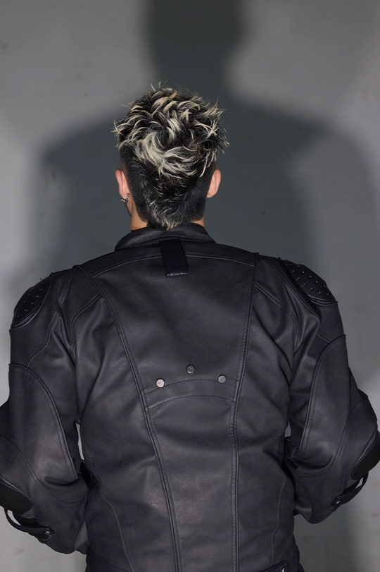 BLIND NO PLAN x BLACK8 Armor Device Patchwork Sterling Stripes Biker Jacket