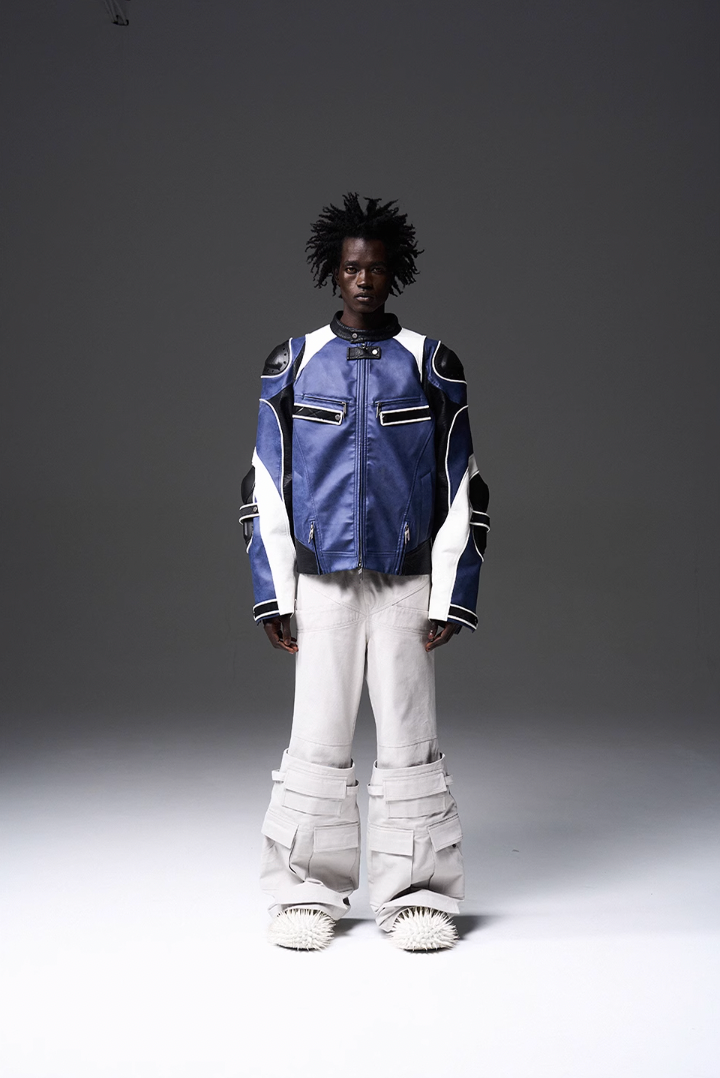 BLIND NO PLAN x BLACK8 Armor Device Patchwork Sterling Stripes Biker Jacket