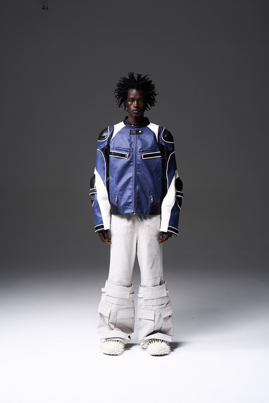 BLIND NO PLAN x BLACK8 Armor Device Patchwork Sterling Stripes Biker Jacket