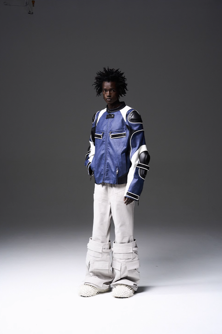 BLIND NO PLAN x BLACK8 Armor Device Patchwork Sterling Stripes Biker Jacket