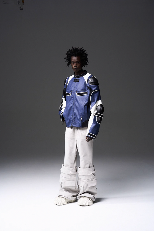 BLIND NO PLAN x BLACK8 Armor Device Patchwork Sterling Stripes Biker Jacket