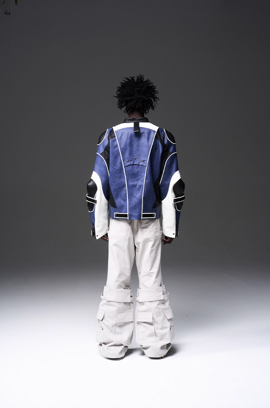 BLIND NO PLAN x BLACK8 Armor Device Patchwork Sterling Stripes Biker Jacket