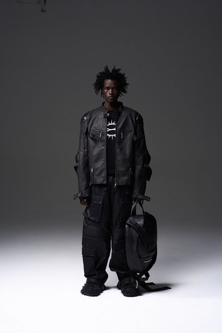 BLIND NO PLAN x BLACK8 Armor Device Patchwork Sterling Stripes Biker Jacket