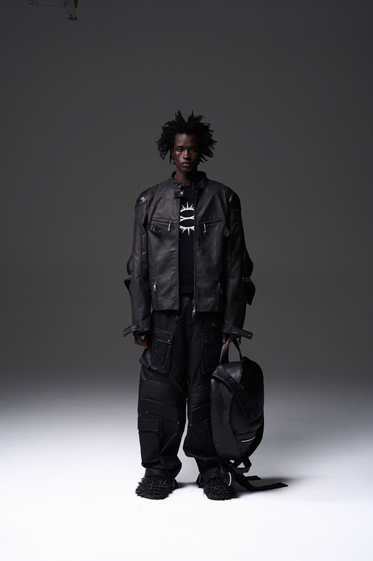 BLIND NO PLAN x BLACK8 Armor Device Patchwork Sterling Stripes Biker Jacket