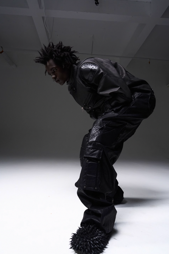 BLIND NO PLAN x BLACK8 Armor Device Patchwork Sterling Stripes Biker Jacket