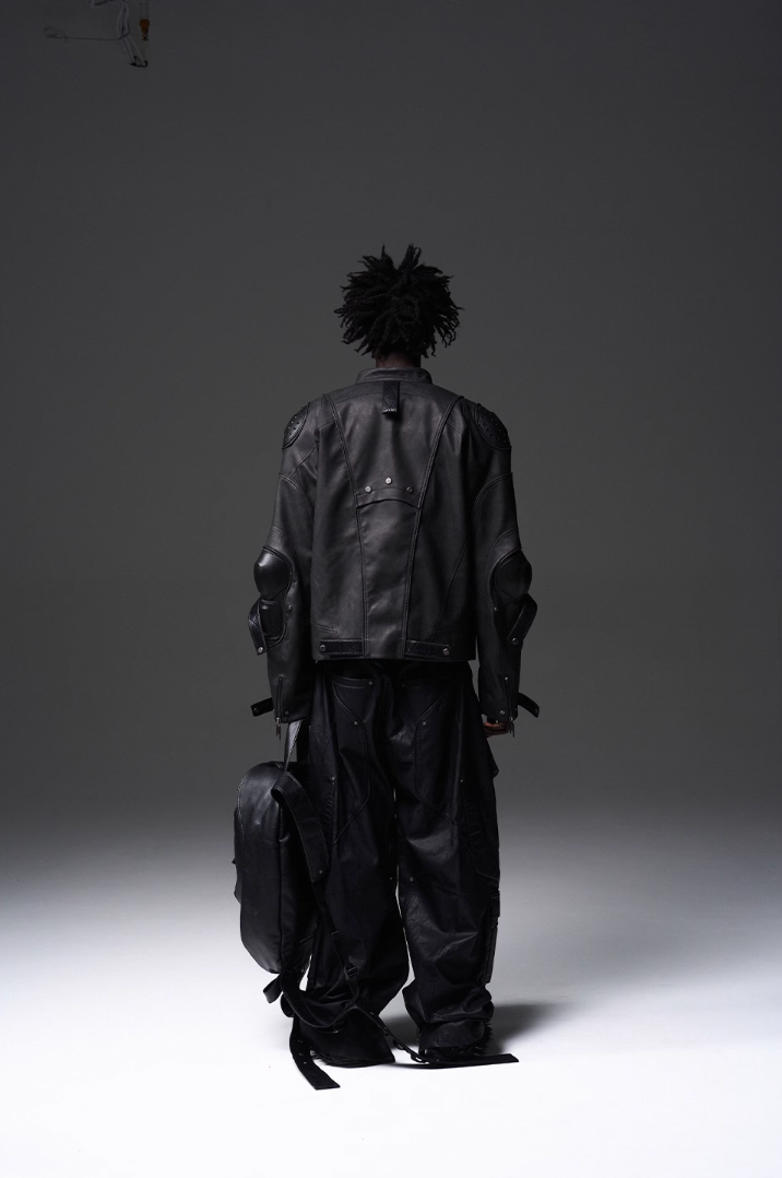 BLIND NO PLAN x BLACK8 Armor Device Patchwork Sterling Stripes Biker Jacket