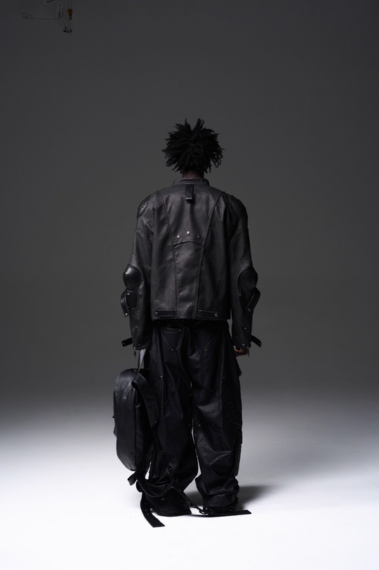 BLIND NO PLAN x BLACK8 Armor Device Patchwork Sterling Stripes Biker Jacket