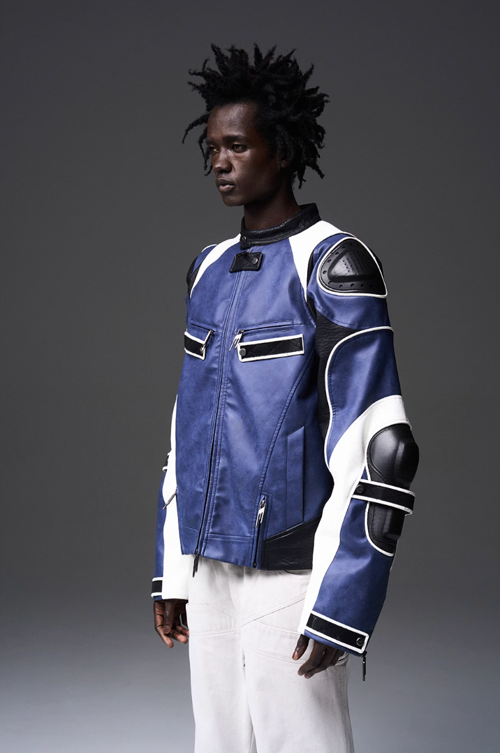 BLIND NO PLAN x BLACK8 Armor Device Patchwork Sterling Stripes Biker Jacket