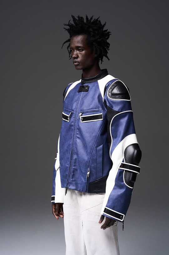 BLIND NO PLAN x BLACK8 Armor Device Patchwork Sterling Stripes Biker Jacket