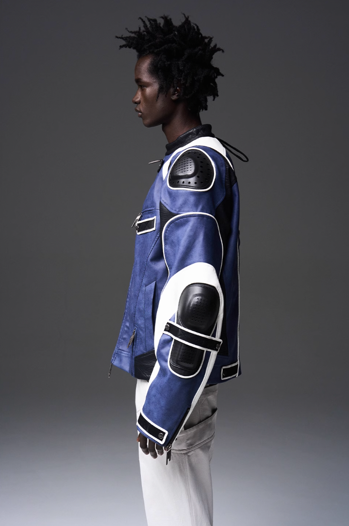 BLIND NO PLAN x BLACK8 Armor Device Patchwork Sterling Stripes Biker Jacket