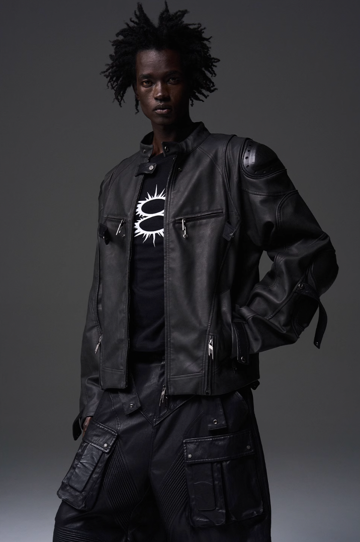 BLIND NO PLAN x BLACK8 Armor Device Patchwork Sterling Stripes Biker Jacket