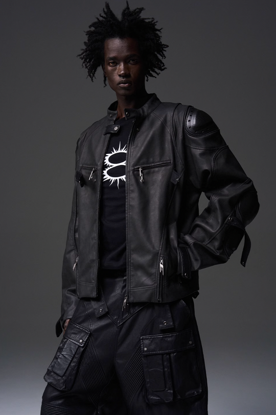 BLIND NO PLAN x BLACK8 Armor Device Patchwork Sterling Stripes Biker Jacket