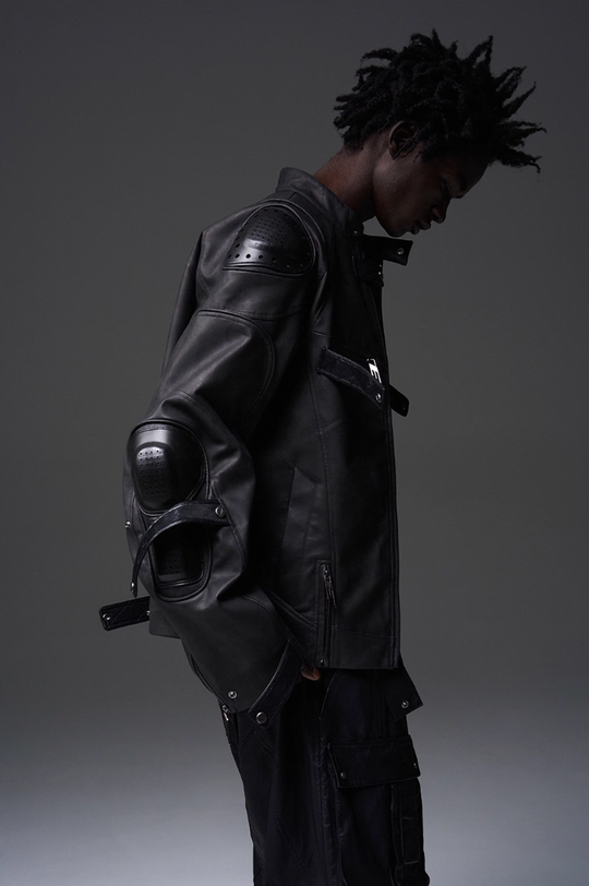 BLIND NO PLAN x BLACK8 Armor Device Patchwork Sterling Stripes Biker Jacket