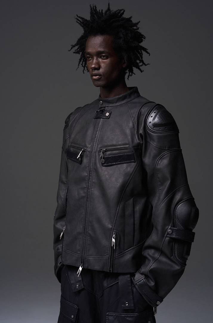 BLIND NO PLAN x BLACK8 Armor Device Patchwork Sterling Stripes Biker Jacket