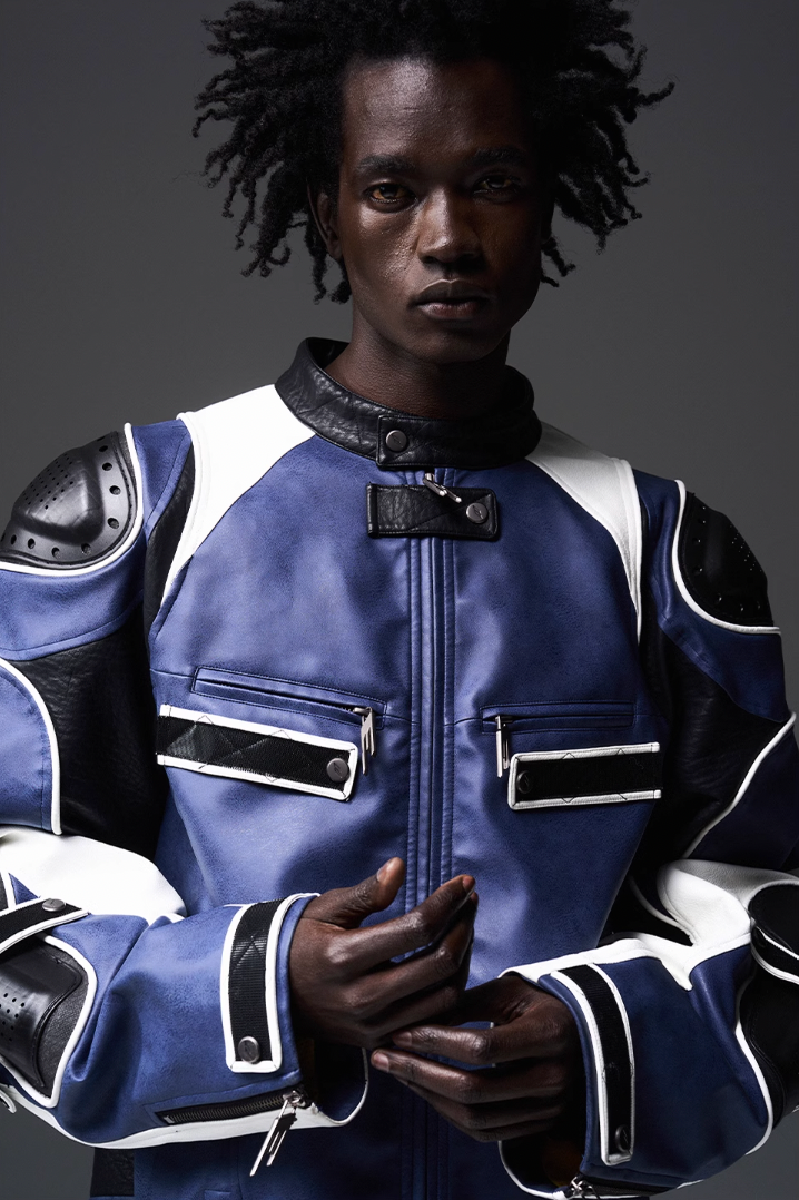 BLIND NO PLAN x BLACK8 Armor Device Patchwork Sterling Stripes Biker Jacket