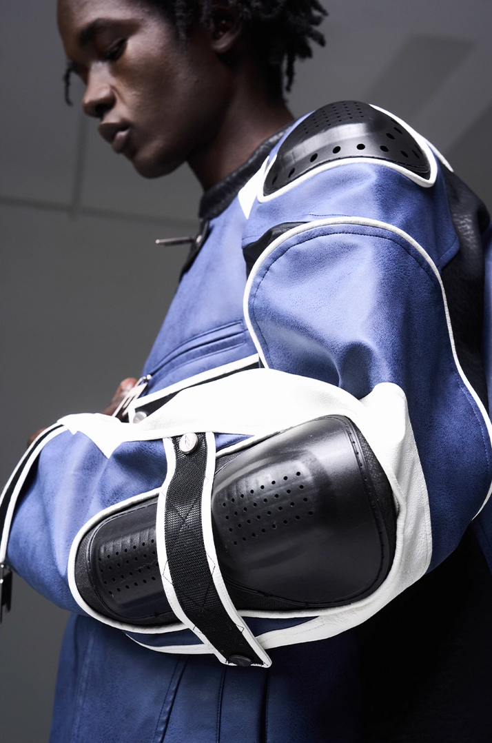 BLIND NO PLAN x BLACK8 Armor Device Patchwork Sterling Stripes Biker Jacket