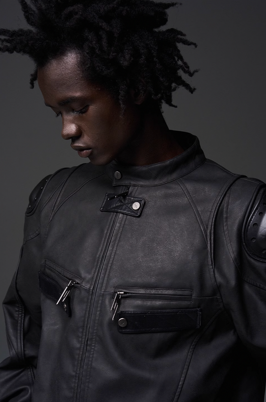 BLIND NO PLAN x BLACK8 Armor Device Patchwork Sterling Stripes Biker Jacket