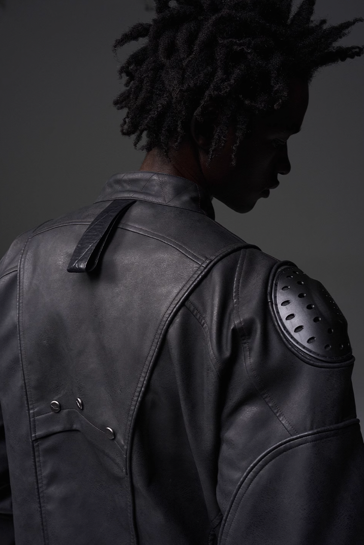 BLIND NO PLAN x BLACK8 Armor Device Patchwork Sterling Stripes Biker Jacket