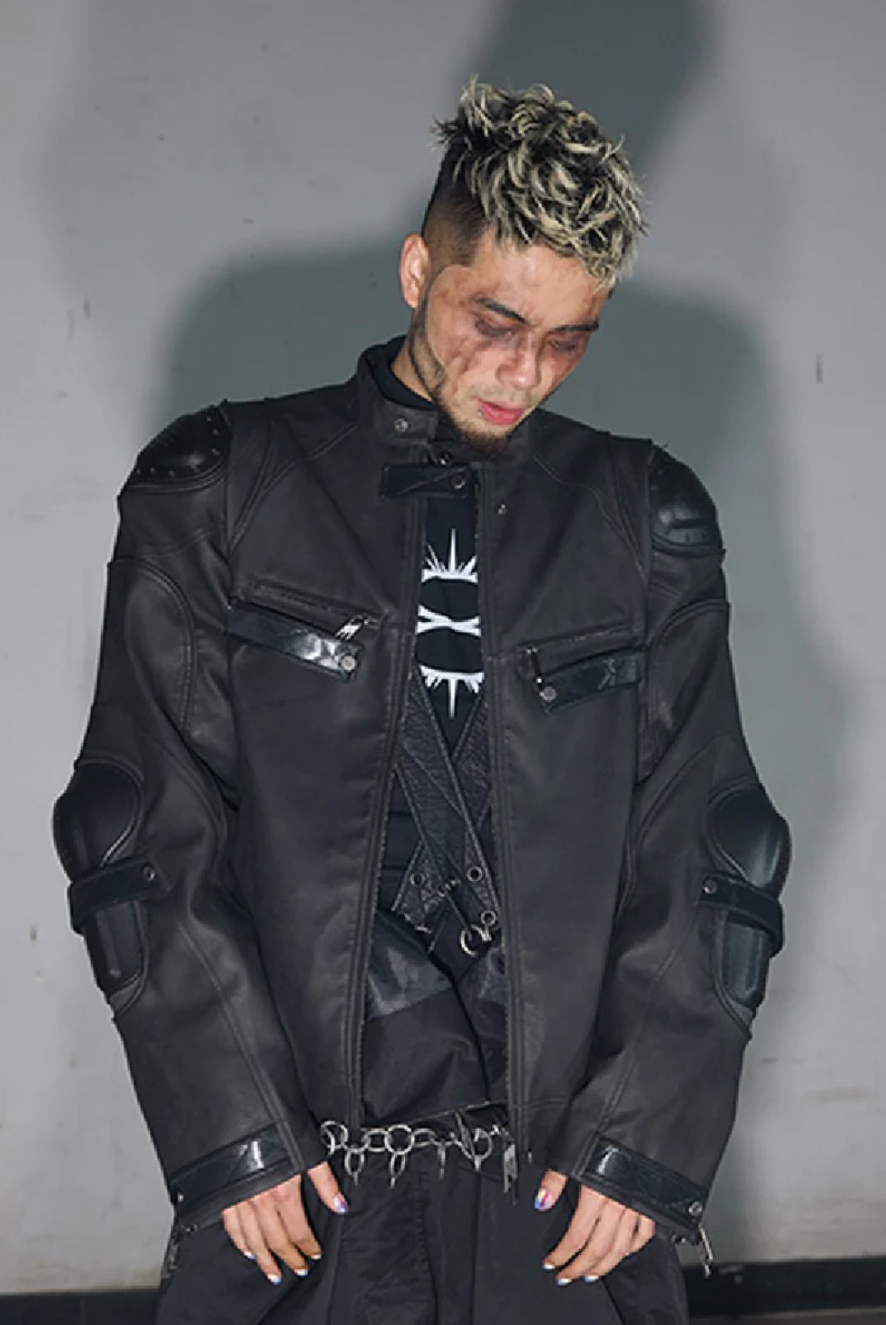 BLIND NO PLAN x BLACK8 Armor Device Patchwork Sterling Stripes Biker Jacket