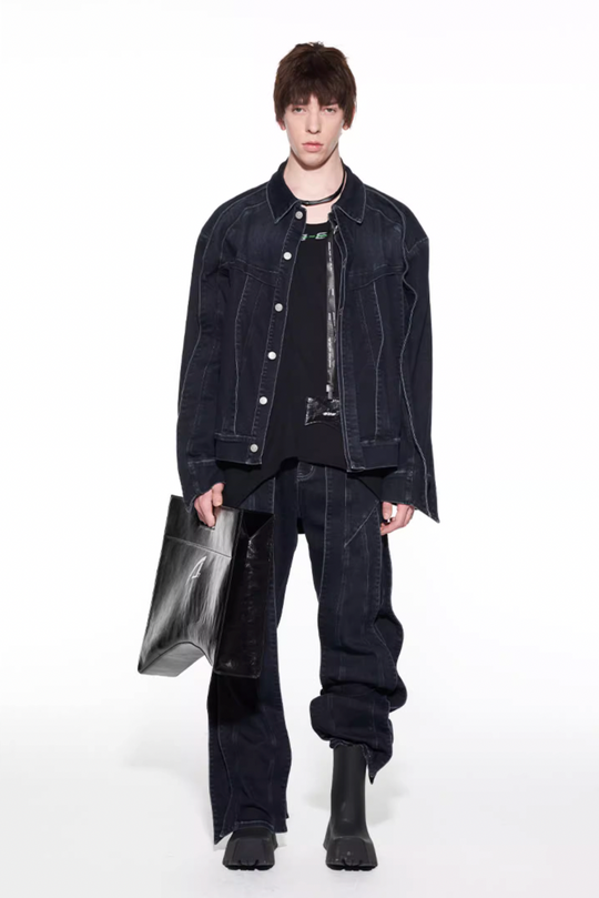 BLIND NO PLAN Striped Patchwork Denim Jacket