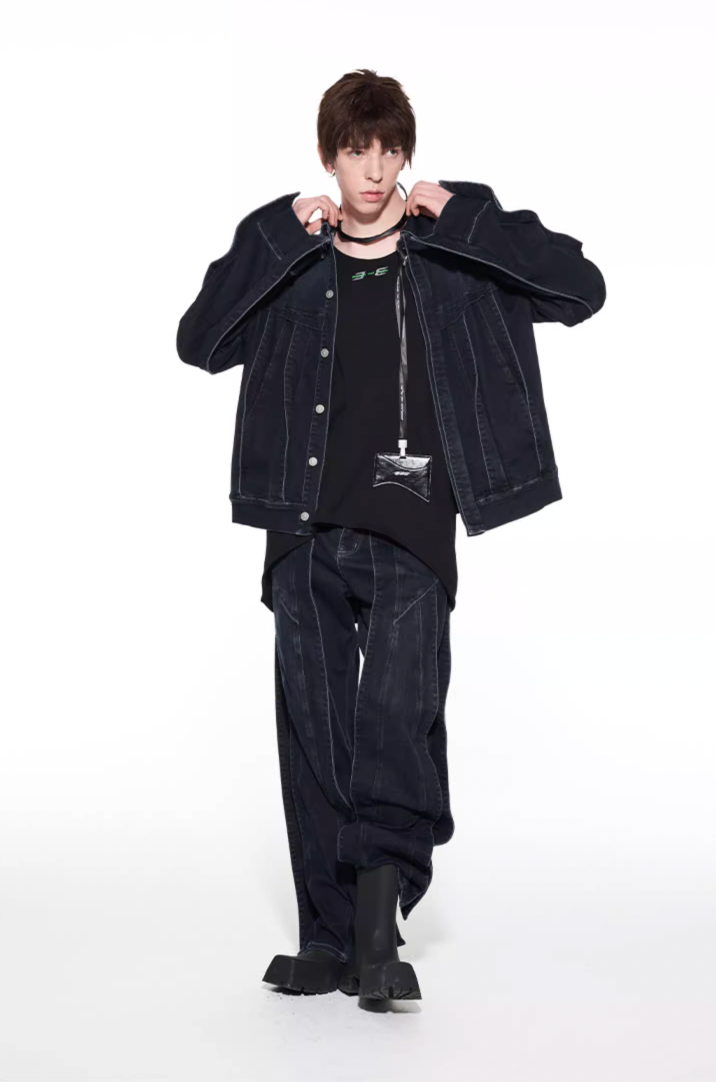 BLIND NO PLAN Striped Patchwork Denim Jacket