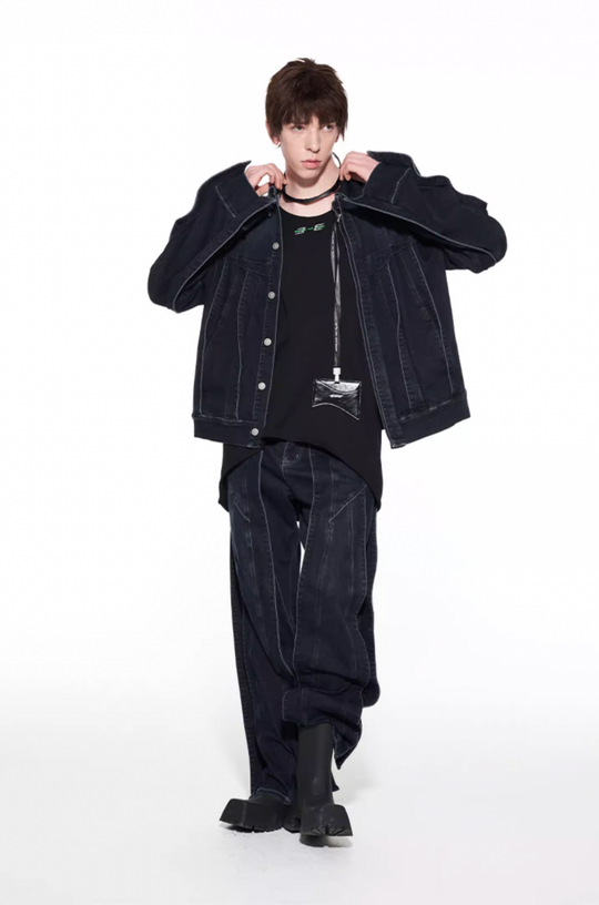 BLIND NO PLAN Striped Patchwork Denim Jacket