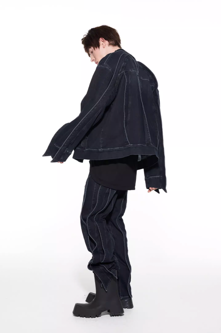 BLIND NO PLAN Striped Patchwork Denim Jacket