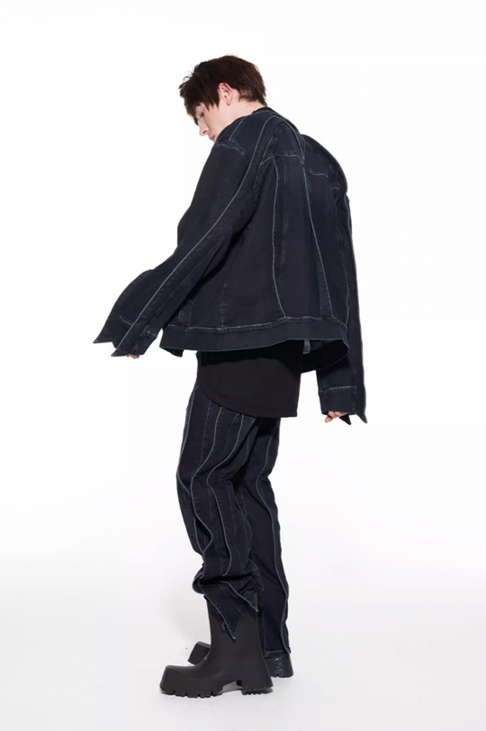 BLIND NO PLAN Striped Patchwork Denim Jacket