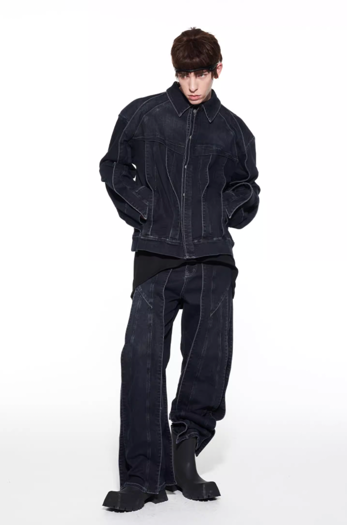 BLIND NO PLAN Striped Patchwork Denim Jacket