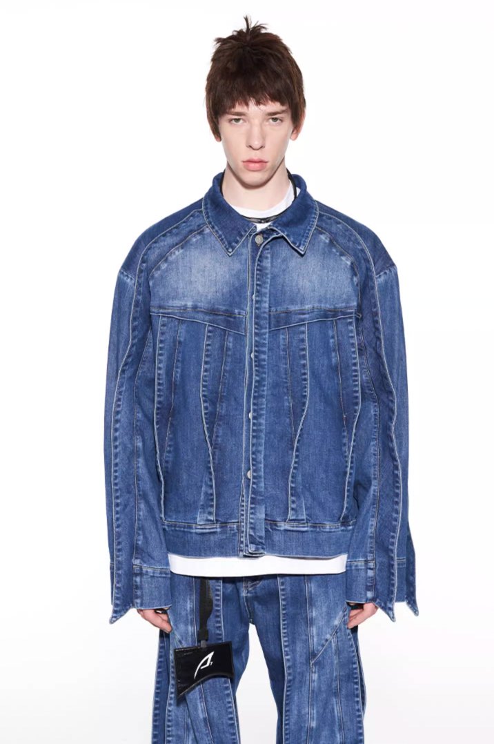 BLIND NO PLAN Striped Patchwork Denim Jacket