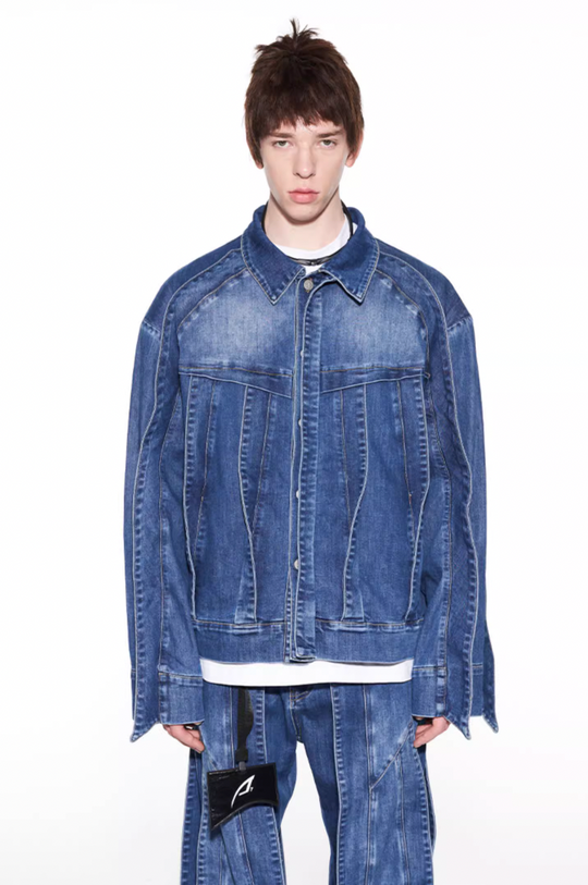 BLIND NO PLAN Striped Patchwork Denim Jacket