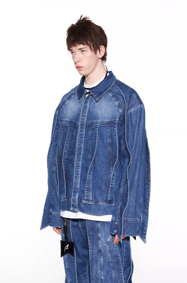 BLIND NO PLAN Striped Patchwork Denim Jacket