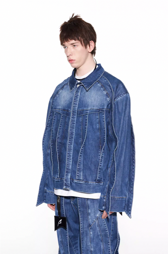 BLIND NO PLAN Striped Patchwork Denim Jacket