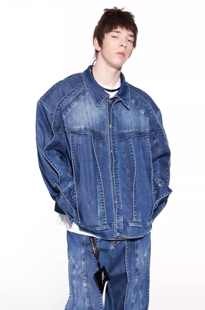 BLIND NO PLAN Striped Patchwork Denim Jacket